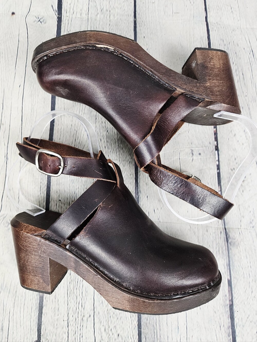 Italian leather wood sole ankle strap heeled clog shoes